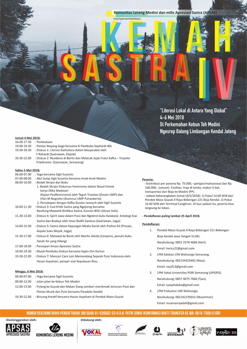 Kemah Sastra: Menikmati celotehan 7 sastrawan di alam terbuka di perkebunan Teh Medini, Kendal. Jateng. Mereka: Martin Aleida, F Rahardi, Hasan Aspahani, Iman Budi Santosa, Puthut Ea, <a href="/triwikromo/">Triyanto Triwikromo</a>, Bandung Mawardi. <a href="/jurubaca/">Hasan Aspahani</a>  <a href="/Puthutea/">Puthut EA</a>