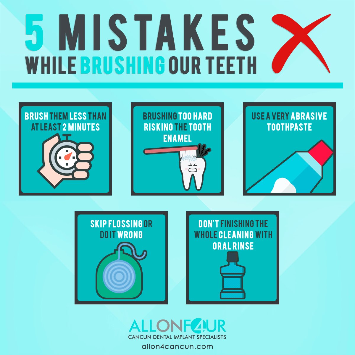Check this 5 mistakes that we do when we brush our teeth. 😁
Call Toll Free 📞 1-800-278-3215 
➡ allon4cancun.com