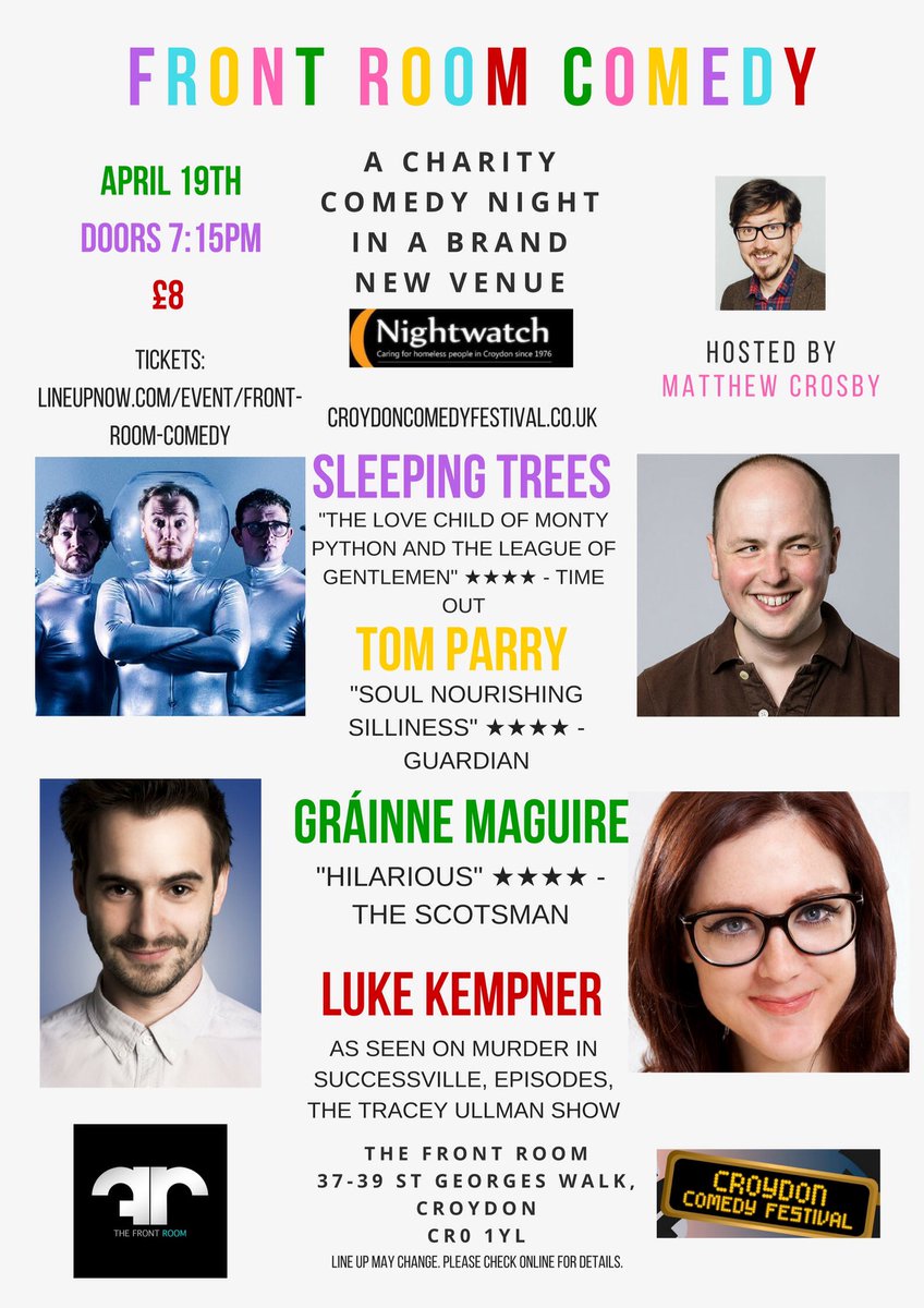 #Croydon have you booked your tickets yet for our first ever show!
A beautiful #Comedy night all for charity from your new favourite venue in town!
#TheFrontRoom
Thursday 19th April
£8
lineupnow.com/event/front-ro…