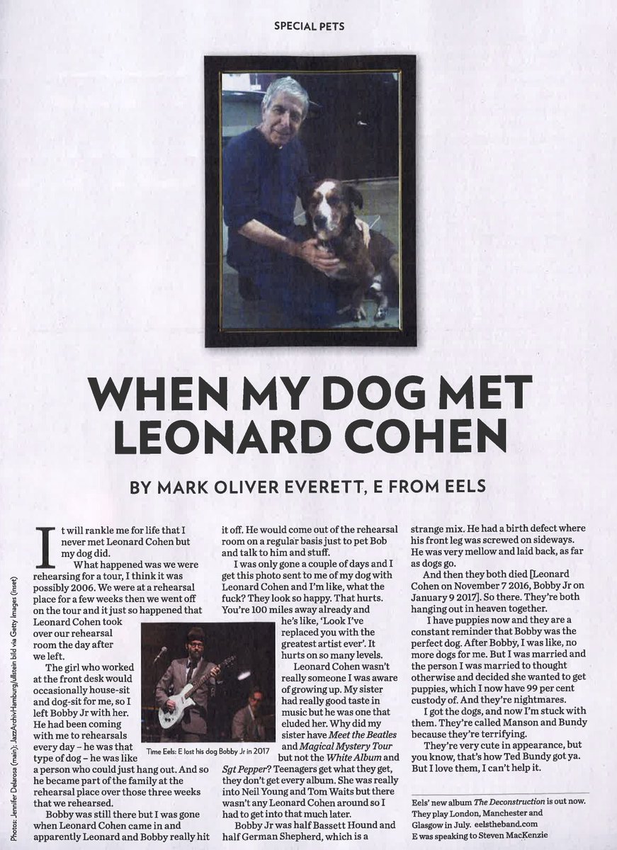 WHEN MY DOG MET LEONARD COHEN:
E tells the story of how his dog Bobby, Jr. and Leonard Cohen became pals in <a href="/BigIssue/">Big Issue</a>