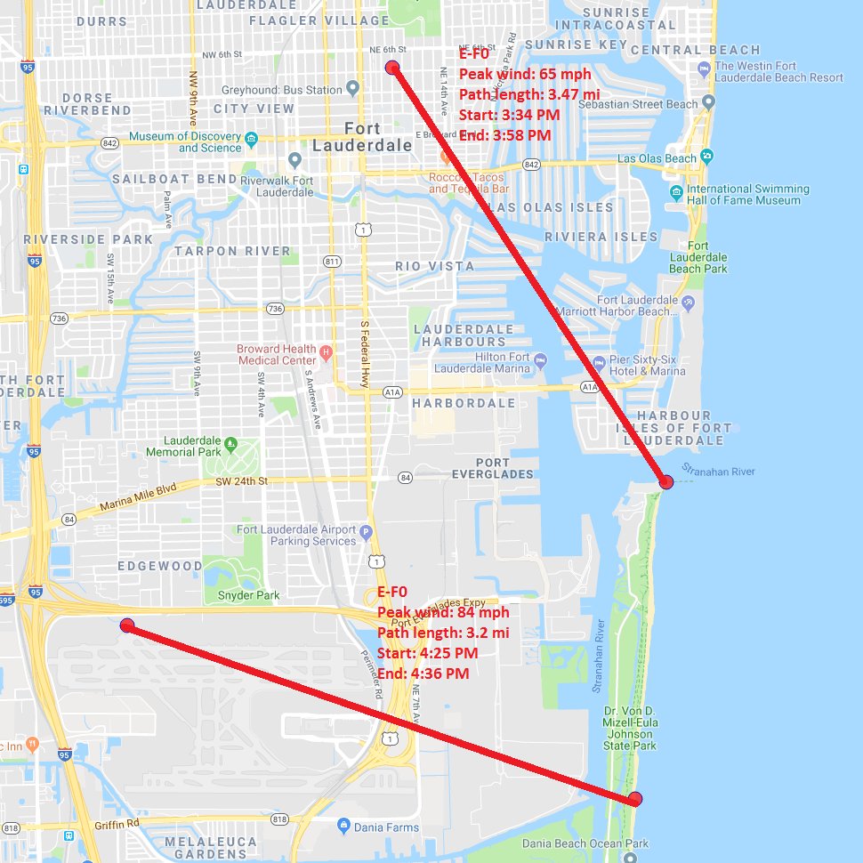TheKCindex's tweet image. A plot of where to #tornadoes struck in Fort Lauderdale using @NWSMiami's survey info.  #suckzone #tornado #FLL #FLwx