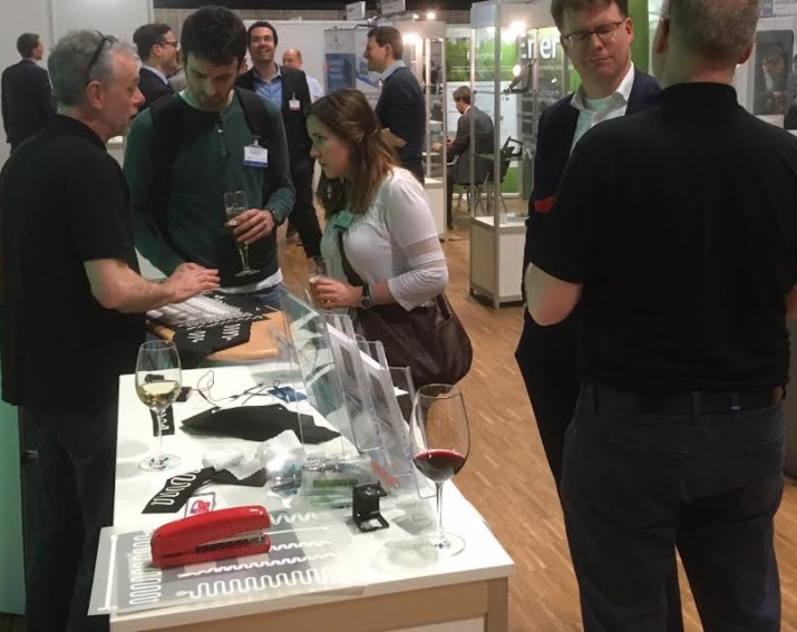 conductive_t's tweet photo. Very busy day at booth T03 #IDTechExShow still talking #conductivetransfers ... the wine may help! #etextiles #health #sport #wearabletech #FashionTech https://t.co/xoElQtuw5M