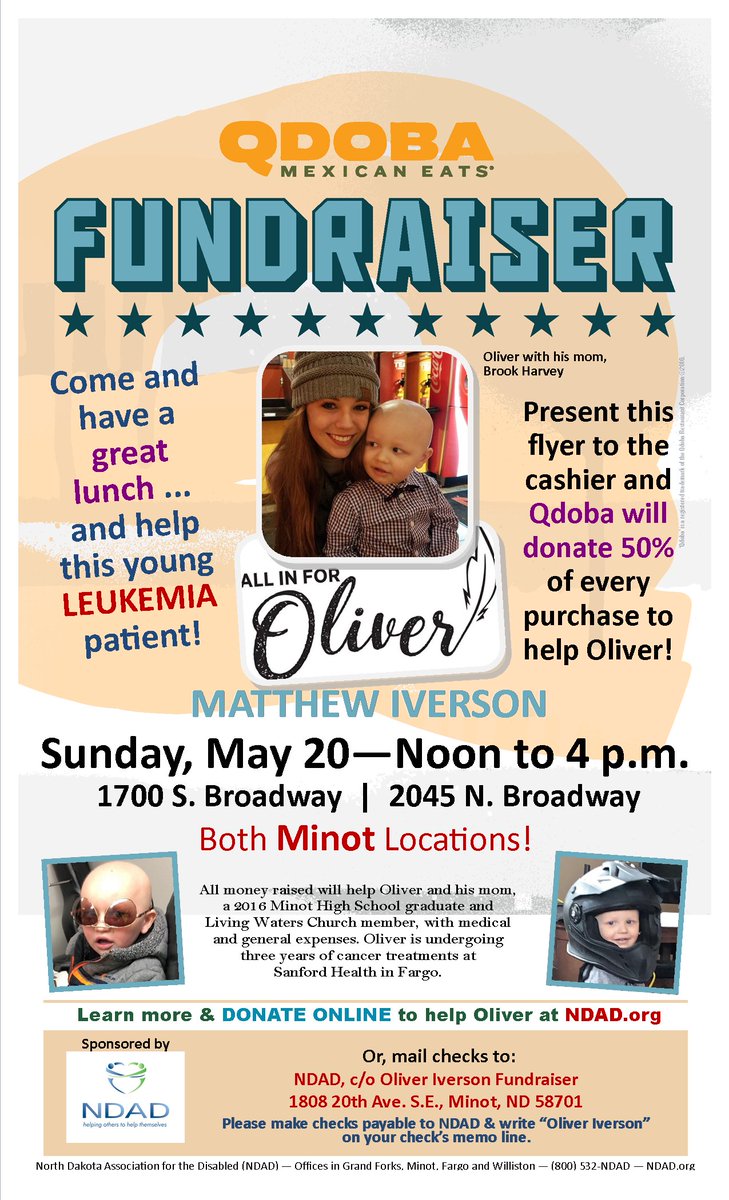 NDAD4YOU's tweet photo. #NorthDakota #fundraiser in #Minot for #OliverIverson at #MinotQdoba restaurants May 20, sponsored by #NDAD #WardCounty https://t.co/97EE7OlB4I