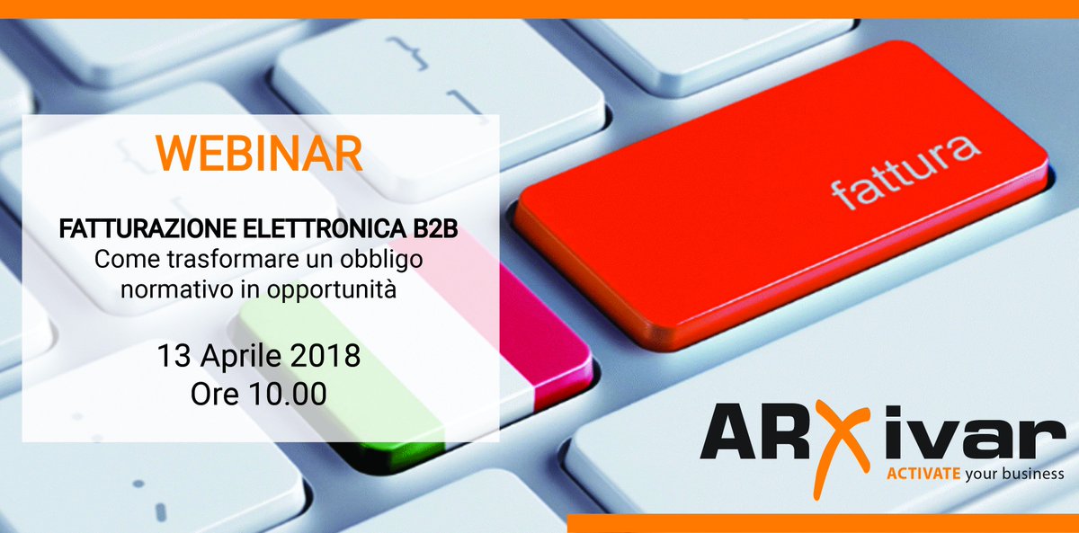 FATTURAZIONE ELETTRONICA B2B | 13 Aprile | Ore 10.00
Un #webinar gratuito per supportare le imprese verso la compliance 

Di seguito il link d'iscrizione: arxivar.it/it/forms/Webin…  

#ARXivar #Paperless #AgID