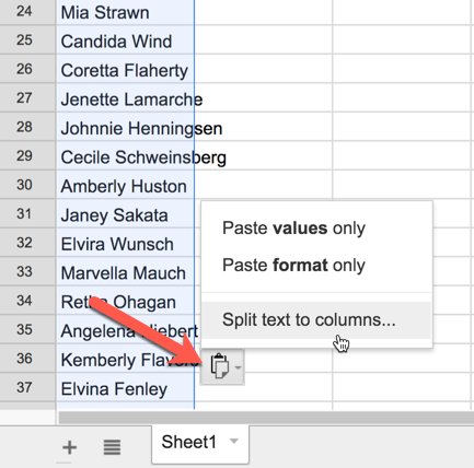 alicekeeler's tweet photo. After pasting a list of names look for the clipboard icon to choose “Split text to columns” #googleSheets #googleEDU https://t.co/EHoK6X2udF