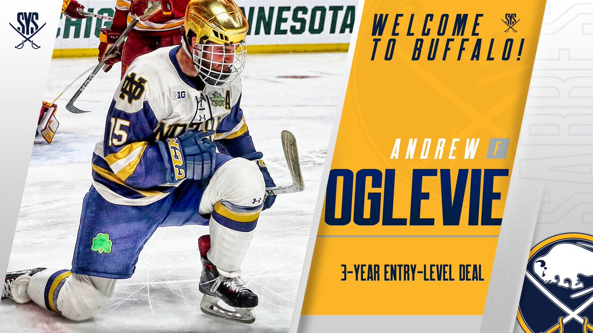 Buffalo Sabres (@buffalosabres) on Twitter photo We've signed forward Andrew Oglevie to an entry-level contract.
Welcome to Buffalo, @AOglevie!
As a junior at <a href="/NDHockey/">Notre Dame Hockey</a>, Oglevie served as alternate captain & ranked 2nd among Fighting Irish skaters with 39 points (15G, 24A), leading the team in goals for the 2nd straight year. We've signed forward Andrew Oglevie to an entry-level contract.
Welcome to Buffalo, @AOglevie!
As a junior at <a href="/NDHockey/">Notre Dame Hockey</a>, Oglevie served as alternate captain & ranked 2nd among Fighting Irish skaters with 39 points (15G, 24A), leading the team in goals for the 2nd straight year.