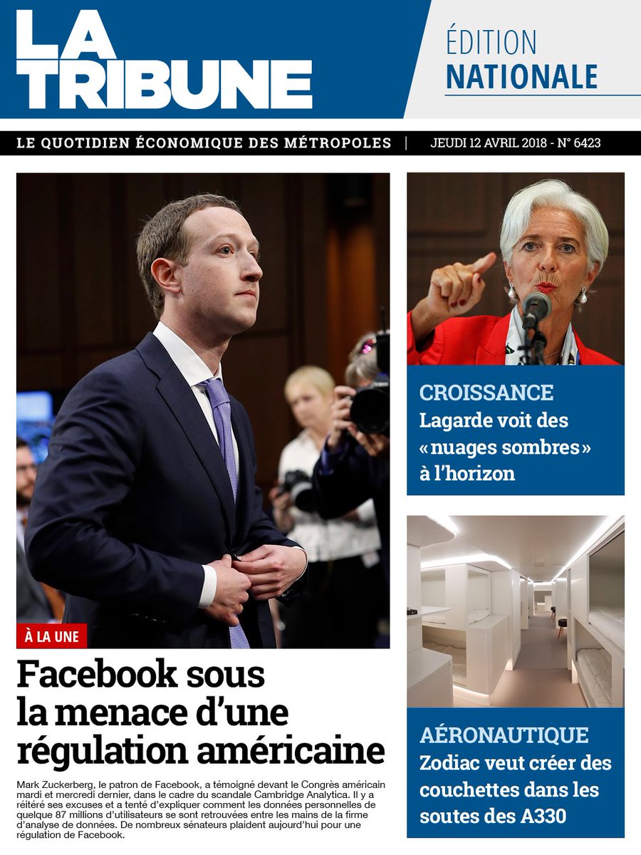 LaTribune's tweet photo. "Facebook sous la menace d'une régulation américaine" A lire dans notre Quotidien Numérique (abonnés). Pour s'abonner @LaTribune ? C'est par ici >>https://t.co/IlGTrhSmTb #facebook #numerique #web #cambrigeanalytica #economie #croissance #aeronautique #Zodiac #A330 #Industrie https://t.co/MEDmIvwHdo