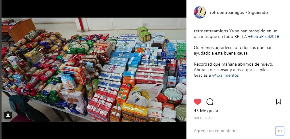 AngelesNoche's tweet photo. GRACIAS, @retroamigos, #VideojuegosxAlimentos , Altair y todos los participantes, organizadores y asistentes al #RetroPixel2018 por la gran recogida de alimentos. ¡Este año han superado los 1.000 Kilos de alimentos!
#AyudandoDe❤️ #LocosPorUnMundoMejor https://t.co/zNU1TPuCbC