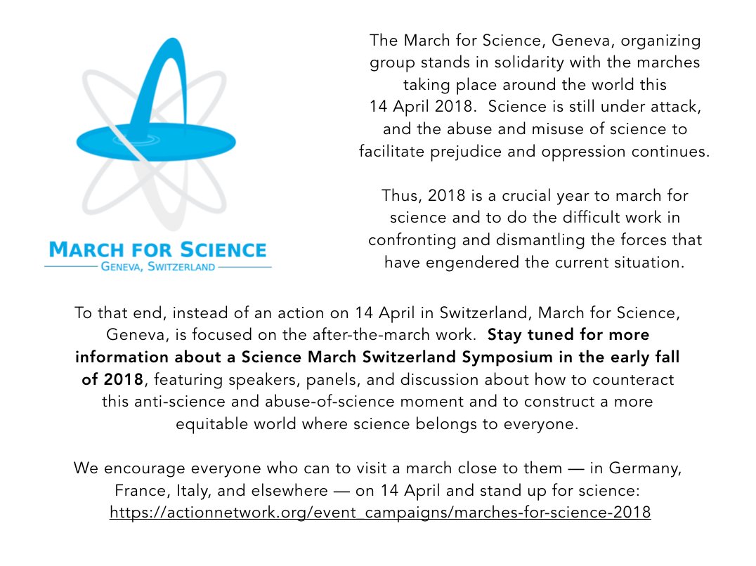 Geneva stands in solidarity w/#ScienceMarch groups around the world in 2018, when our work extends beyond marches! Find a march nearby (e.g., in Germany, France, Italy) for 14 April...
actionnetwork.org/event_campaign…
...&amp; stay tuned for a Science March Switzerland Symposium in the fall.
