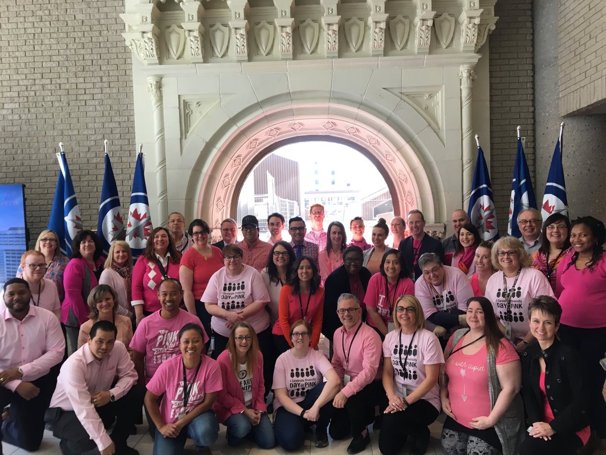 Day of pink at 360 Main in Winnipeg! #CRAinclusionARC #DayofPink #Winnipeg #GoJetsGo