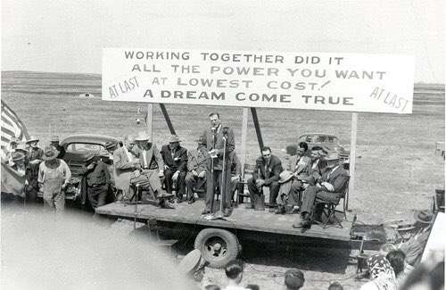 The Rural Electrification Act of 1936 provided federal loans for the installation of electrical distribution systems to serve isolated rural areas of the US.The funding was channeled through cooperative electric power companies, most of which still exist today.  #DemHistory