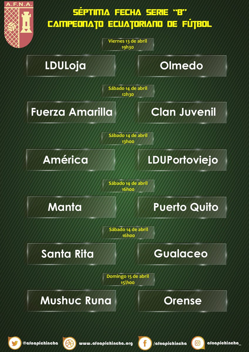 AFNAPichincha's tweet photo. #SerieB listos los horarios para la #Fecha7
#AFNA2018 ⚽🇪🇨 https://t.co/JileDcoAJU
