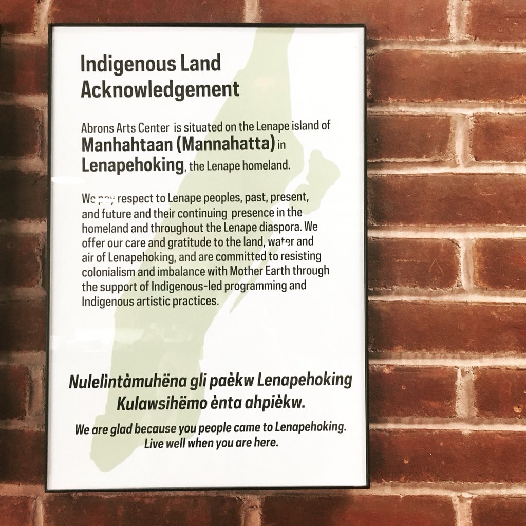 EmilyJCatalyst's tweet image. Indigenous Land Acknowledgement  @AbronsArtsCtr - first time I’ve seen this posted publicly in the US! Thank you thank you. Let’s keep up this good work! #honornativeland @usartsdept @HenryStreet @LenapeCenter