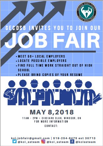 kci_ssteam's tweet photo. GECDSB Job Fair is coming up on Tuesday, May 8, 2018 form 11am-2pm!
Get your resumes and cover letters ready for this exciting opportunity! 
#KCIClippers #KennedyCollegiate #KCISSTeam #JobFair #Job #WindsorON https://t.co/n95OqOaQrP