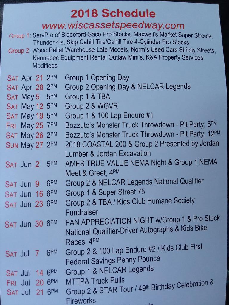 MainelyRob's tweet image. 2018 @WiscSpeedway schedule. Note the @RustyWallace @RWRExperience on 8/15 @ 3 pm. Visit wiscassetspeedway.com for more info #SupportLocalTracks #Racing #ShortTrack #Maine