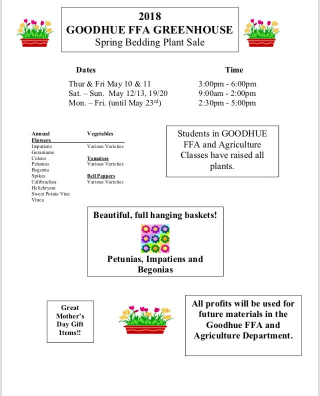 Join us on Thursday, May 10 for the annual spring bedding plant sale. #goodhueffa #goodhueschool