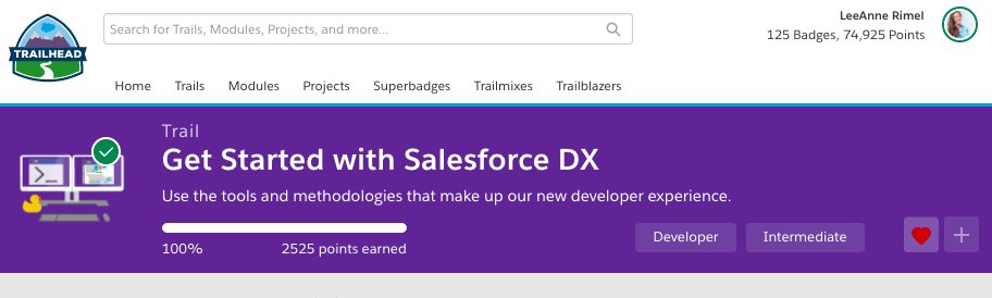 leeanndroid's tweet image. Woo hoo, #SalesforceDX @trailhead trail: ✅ 
I learned a ton in this trail, got more comfortable with the CLI, and am excited to take some next steps with DX. Time to explore using DX for some new feature deployments to our content app, w/ my fellow #AwesomeAdmin @RebeccaSaar!