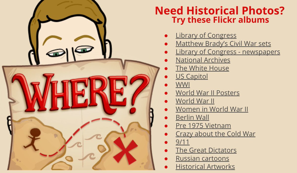 creativeedtech's tweet photo. History Teachers:
Do you need photos for your classes? Here is a list of some great albums such as Civil War, WW1, WW2, Cold War, Vietnam, 9/11 and more
https://t.co/8NBlWJWHvj 
#sschat #sstlap #History 
next question though... How do YOU use photos in your classroom? https://t.co/BNTHFBwJWa