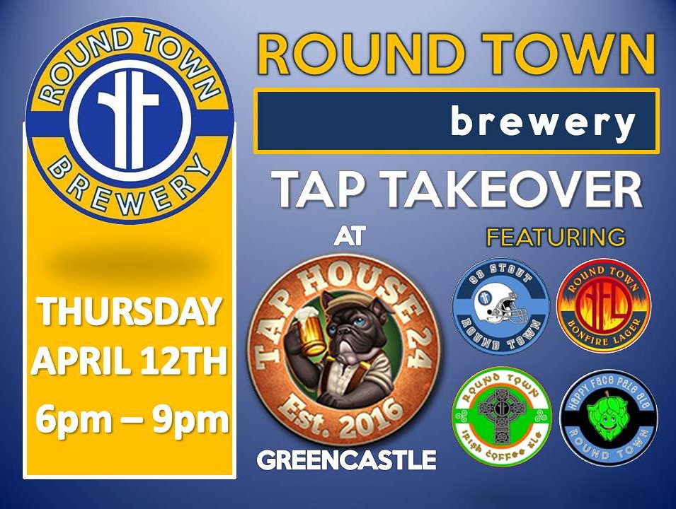 RoundTownBrew's tweet photo. TOMORROW NIGHT--TAP TAKEOVER at @taphouse24 in #Greencastle @DePauwU starting at 6pm...featuring beers from @RoundTownBrew ...stop in and support Indiana Craft beer. #craftbeer #drinkindianabeer #supportindianabeer https://t.co/GvdRyX9dki