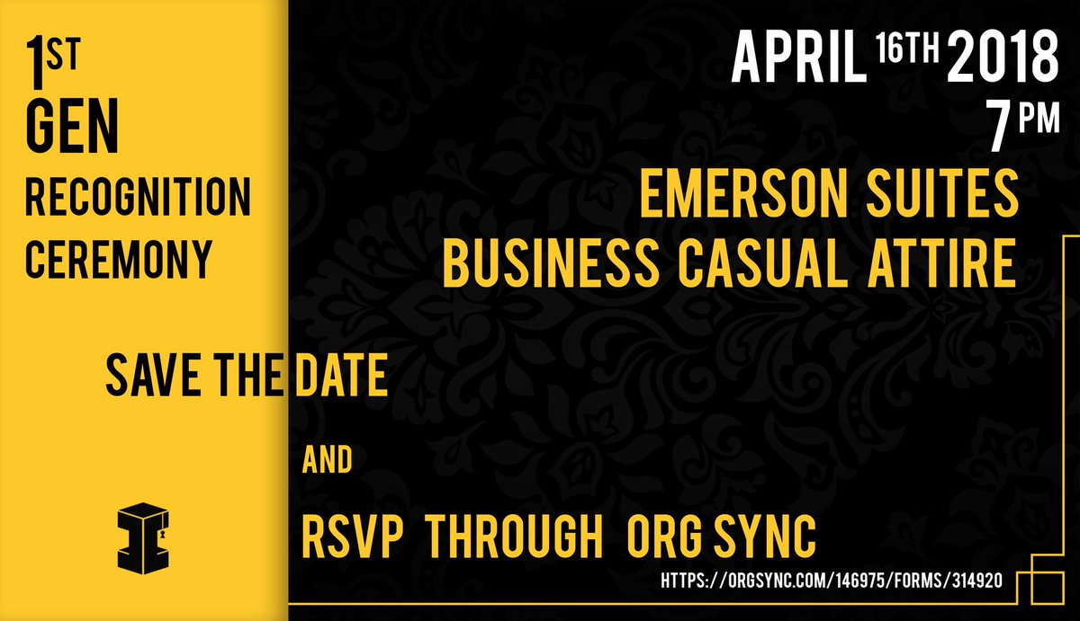 FirstGenOrgIC's tweet image. Dear all,
We have the great pleasure of inviting you all to our first annual recognition ceremony on Monday 16th April 2018. This will take place in Emerson Suites and will commence at 7 pm. Please feel free to contact (asantiago@ithaca.edu) for any accommodations needed!