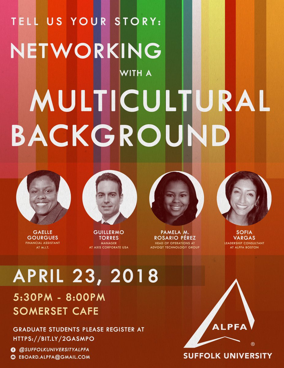 Join Suffolk University ALPFA chapter signature event: Tell Us Your Story: Network Building with a Multicultural Background. 4/23 Tickets: eventbrite.com/e/tell-us-your…