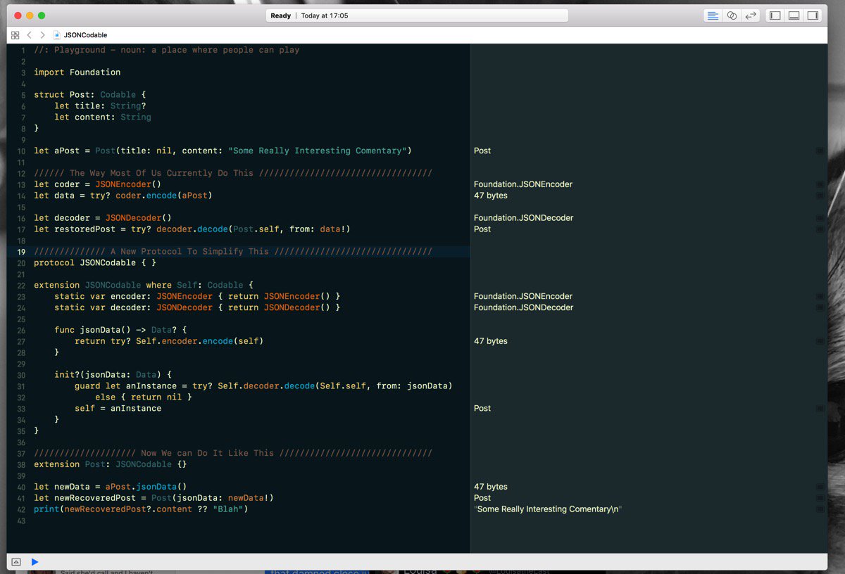vichudson1's tweet image. Here we go #JSONCodable in #Swift! I’m using #ProtocolOrientedProgramming to reduce a little of the usual #Codable boilerplate!
I’ll have this up on Github in a bit.😎