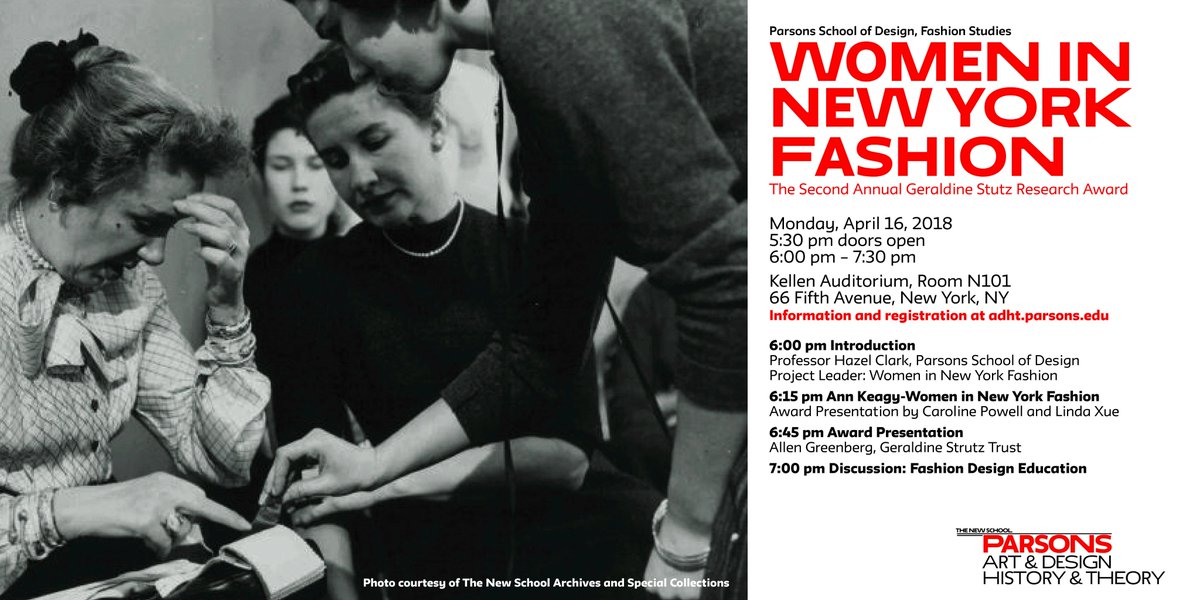 On Monday, April 16, 2018, <a href="/ParsonsMAFS/">Parsons MAFS</a> will present Women in New York Fashion: The Second Annual Geraldine Stutz Research Award!