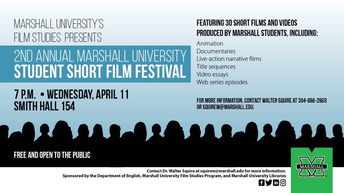 MUFilmClub2017's tweet photo. Tonight is the 2nd Annual Marshall University Student Short Film Festival! This is a great opportunity to come out and support student filmmakers! Bring a friend and come out for this great event! 📽🎞 https://t.co/cEYcvAQaic