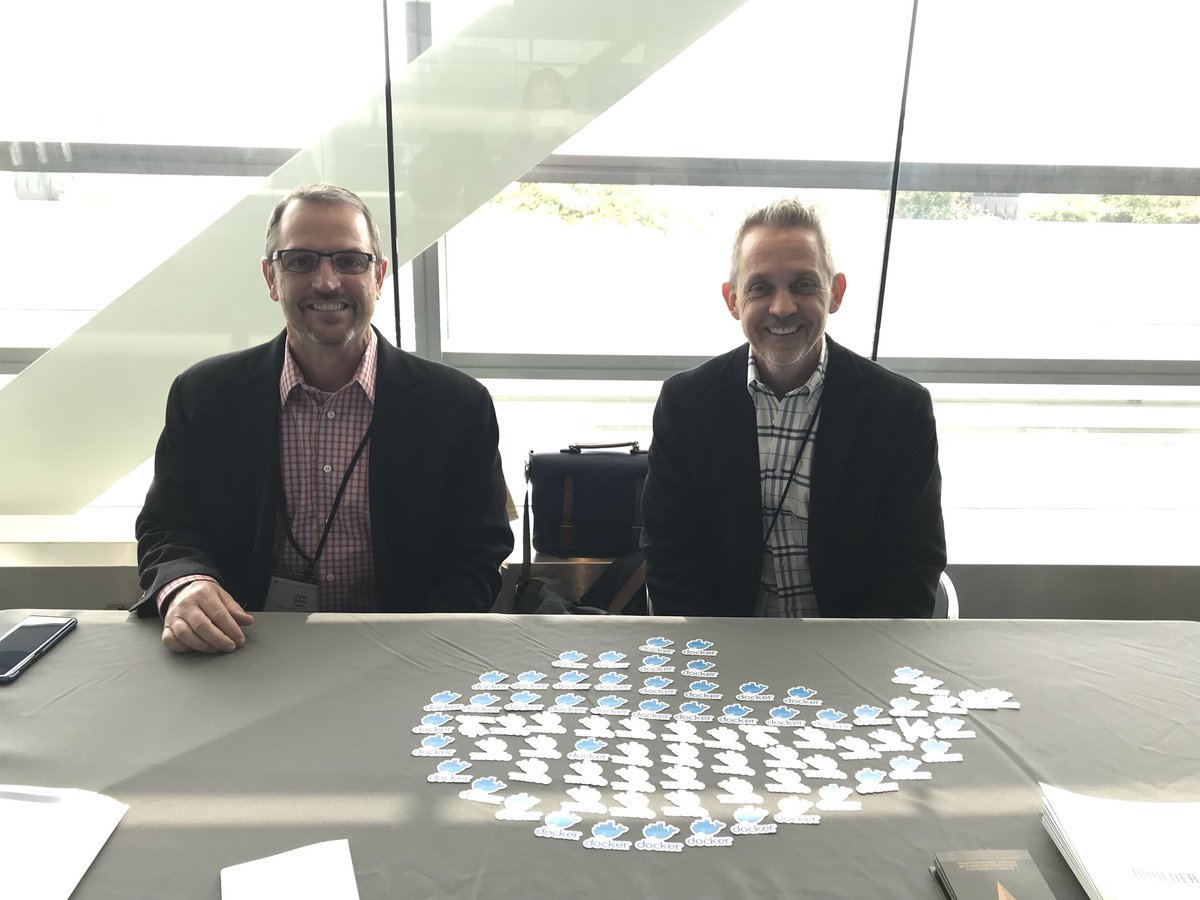 BettyJunod's tweet image. Meet Joe and Al looking after state and local gov and civilian for @docker #DockerGovSummit - nice whale sticker art!