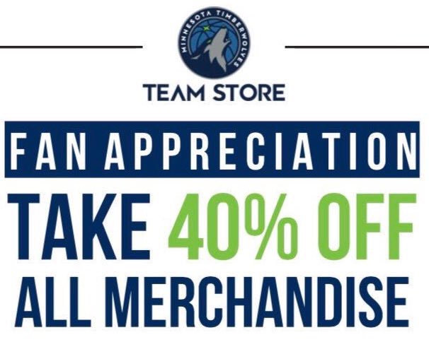 TimberwolvesMN_'s tweet image. ATTENTION FANS! It’s FAN APPERCIATION DAY! Take 40% off all merchandise in the Skywalk ALL DAY!