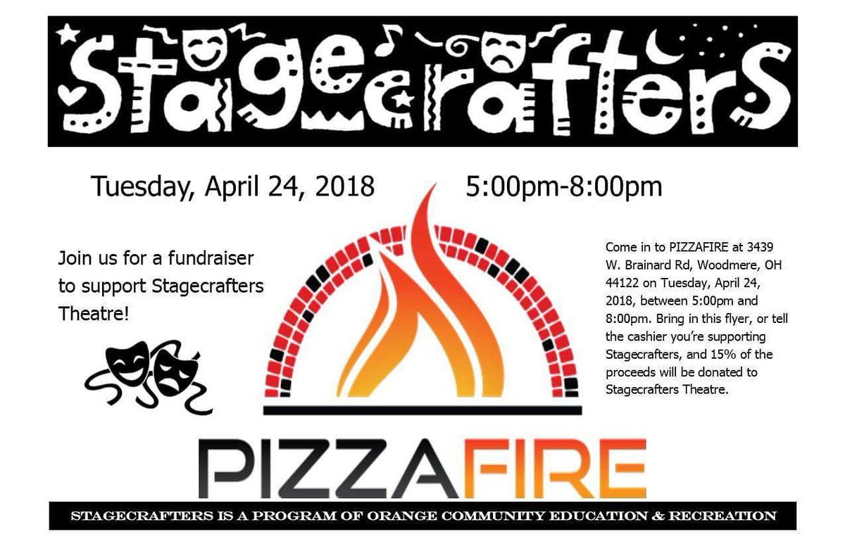 Stagecrafters24's tweet photo. Tuesday, April 24. 5pm-8pm. Present this flyer and 15% of the proceeds will be donated to Stagecrafters! We will pass out flyers at our Character Breakfast on Sunday, April 15, so register for that event if you want to be the first one to receive a flyer! Thanks, @MyPizzaFire https://t.co/7CWUMHv3PI