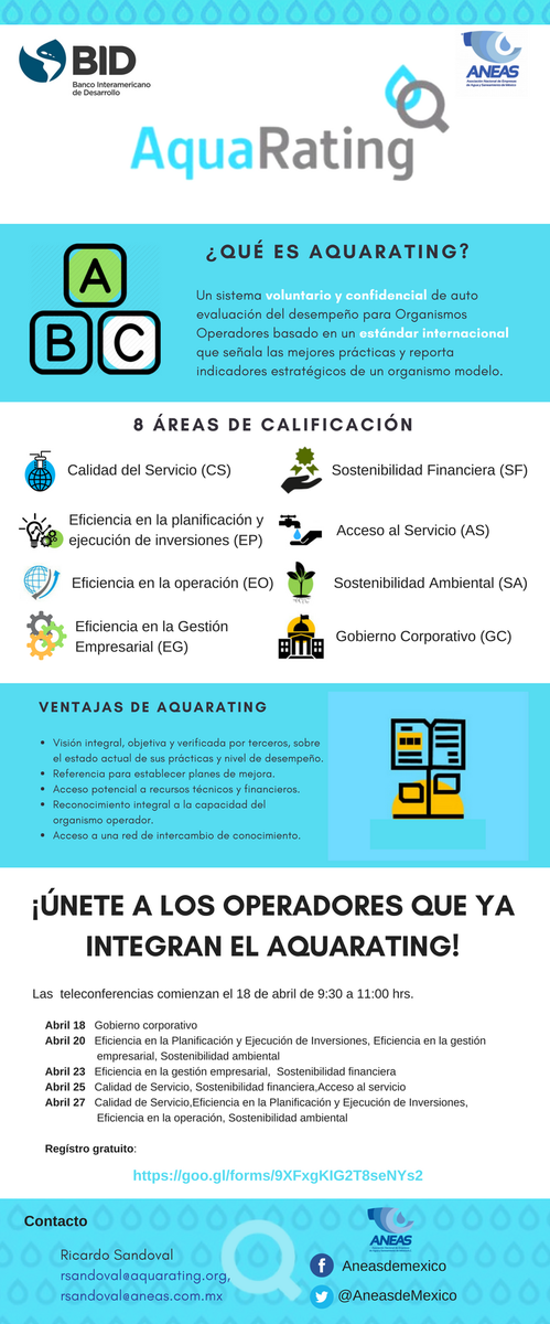 ANEASdeMexico's tweet photo. Únete al programa AquaRating, el cual te permitirá evaluar el desempeño de tu organismo operador basado en un estándar internacional.

Las videoconferencias comienzan el 18 de abril
Registro gratuito 👉https://t.co/eyLArynJLD https://t.co/iWfDKoILio
