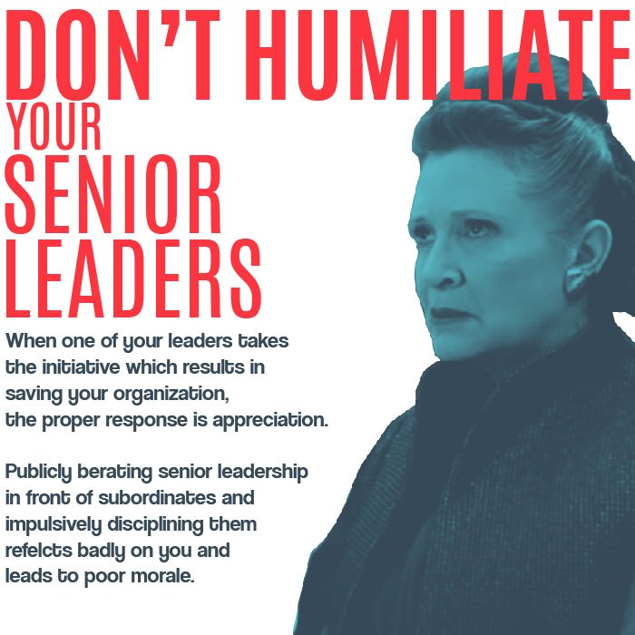 mesmerojoe's tweet photo. On the topic of developing leaders, it's never a good idea to humiliate them. Especially when they did an amazing job of saving your organization. Robots always follow orders, leaders may not #lastjediawful #LukeSkywalker #mistakes #starwars #podameron #po https://t.co/CNAG0k7QRL