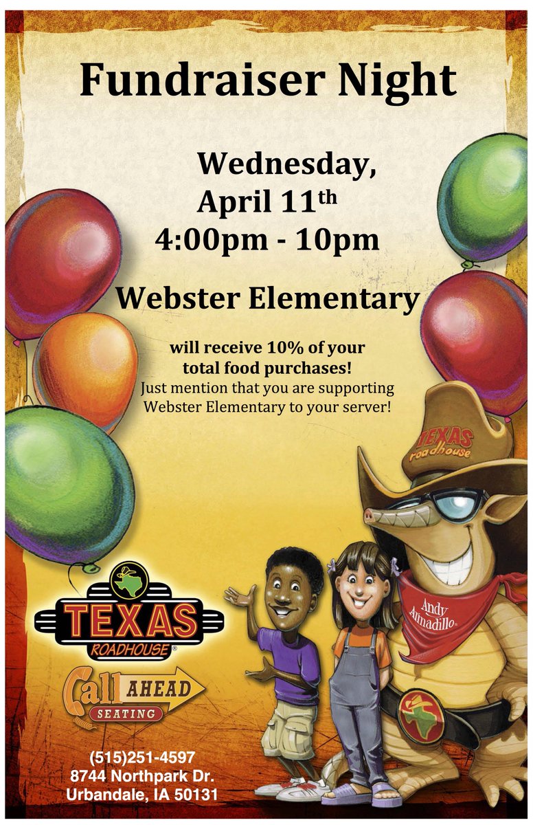 WEB_UCSD's tweet image. Join us tonight at Texas Roadhouse for the Webster PTO&apos;s Family Dining Night!  Mentioning Webster to your server earns the school 10% of your food purchases between 4:00 and 10:00 pm!