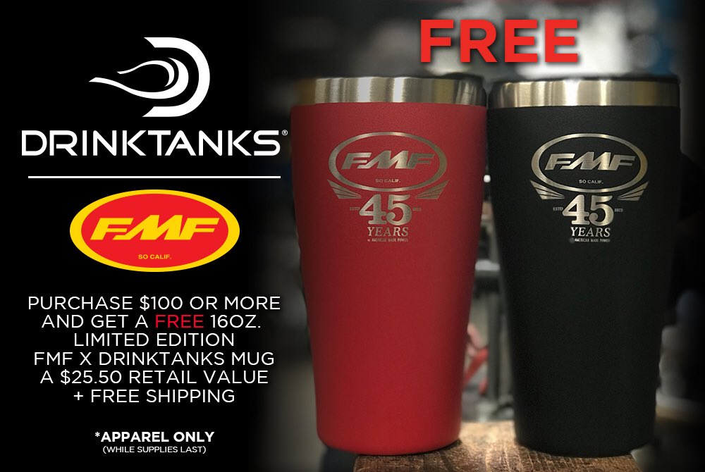 With the weather heating up, get yourself a FMF Drinktanks mug! Spend $100 or more on FMF apparel and receive a free one with your order! apparel.fmfracing.com/?utm_source=Al…