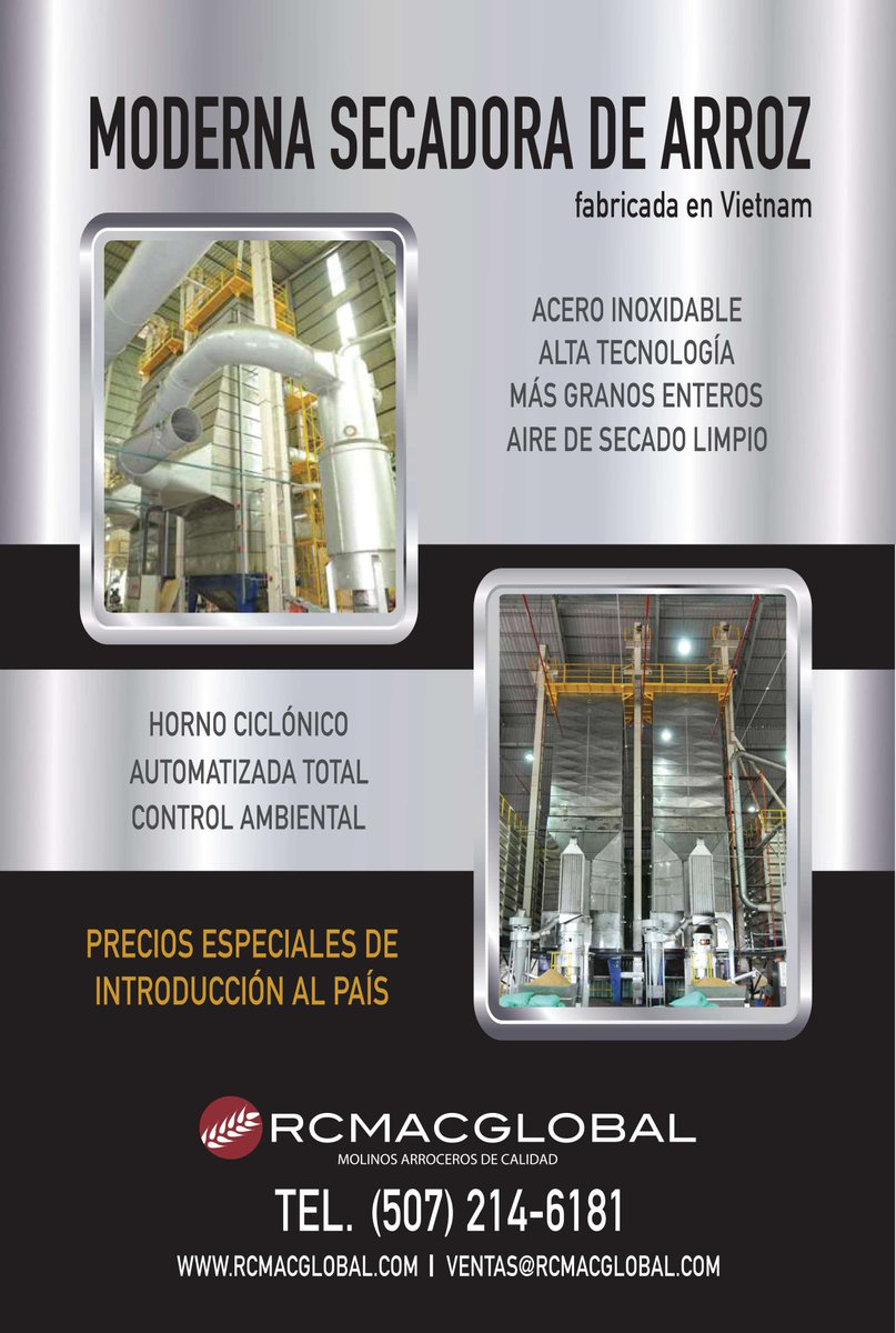 Moderna secadora de arroz , fabricada en Vietnam 

-Acero inoxidable.
-Alta tecnología.
-Mas granos enteros.
-Aire de secado limpio.
-Horno ciclónico.
-Automatizada total.
-Control ambiental.

Precios especiales de introducción a su País.