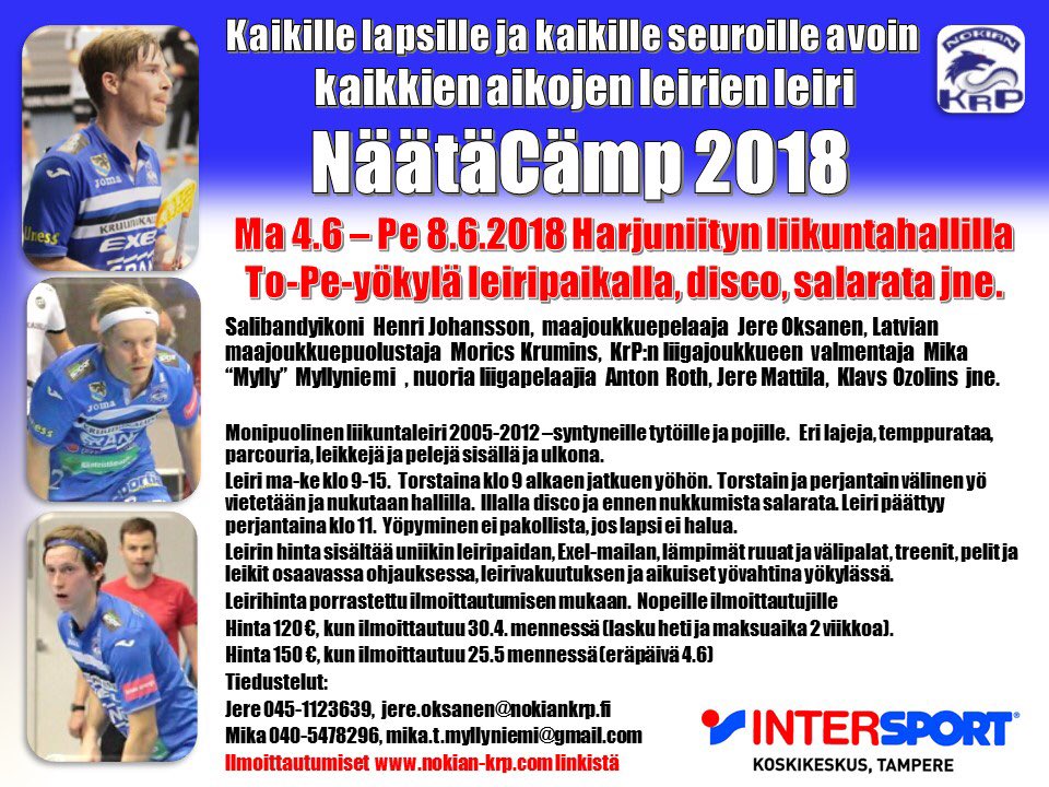 Koululaisten kesäloma on hyvä aloittaa aivan uudella toteutuksella järjestettävällä NäätäCämpillä! Kaikki 2005-12 syntyneet lapset tervetulleita. Ohjaajina mm. <a href="/Kruums4/">Morics Krūmiņš</a> <a href="/OksanenJere/">jere oksanen</a> <a href="/mikamyllyniemi/">mikamyllyniemi</a> <a href="/rasmusantonroth/">Anton Roth</a> sekä Henri Johansson. #salibandy #kesäleiri