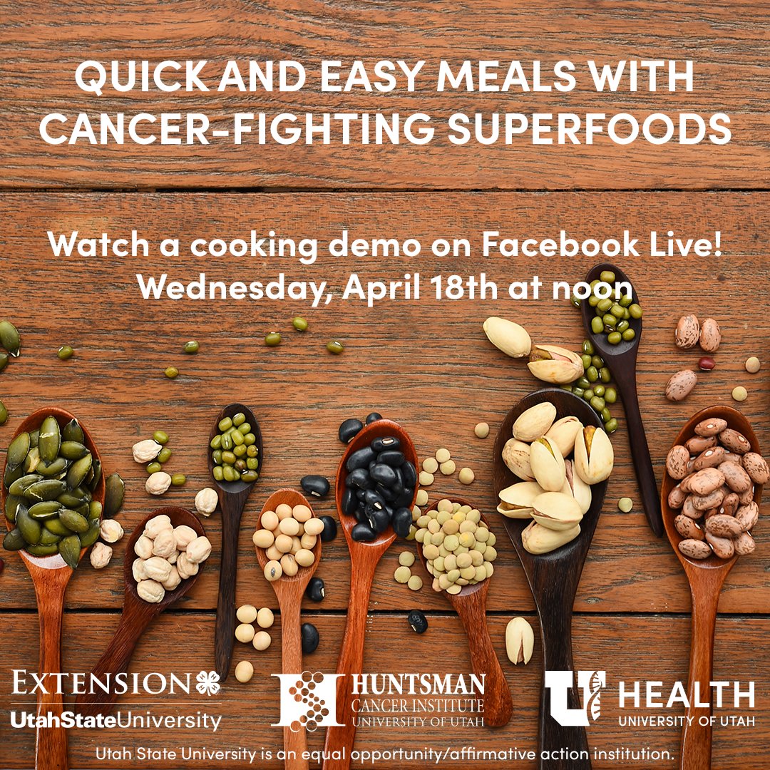 huntsmancancer's tweet photo. Learn how to make quick and easy meals with cancer-fighting superfoods! Watch our cooking demonstration with @usuextension on April 18 at noon on Facebook Live (https://t.co/Km1FpJNbPC). https://t.co/Y8GsZ2N0Ko