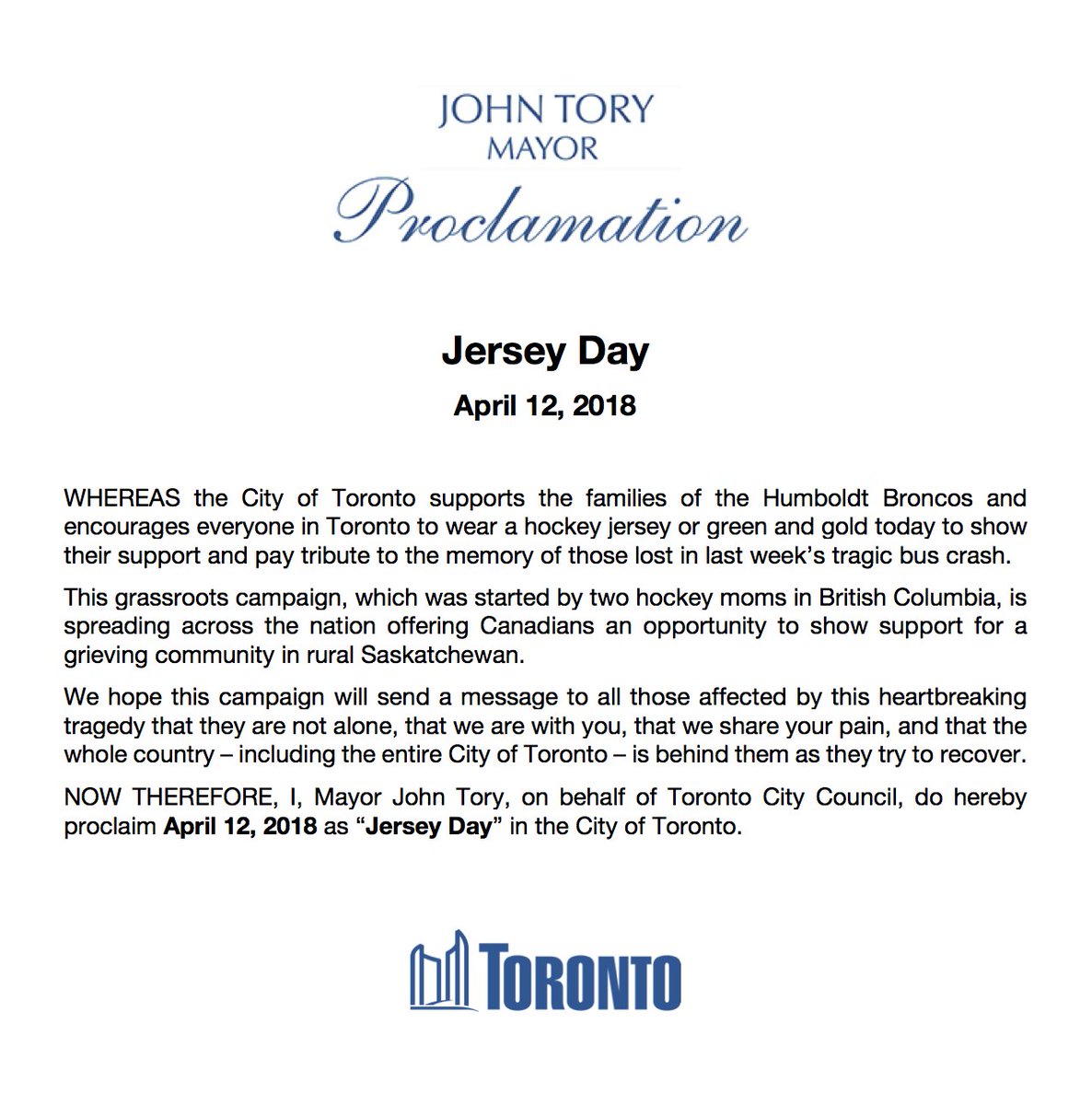 JohnTory's tweet photo. I've proclaimed Thursday as Jersey Day in the City of Toronto. I hope lots of people will take part in Jersey Day as a way of sending yet another signal to Humboldt to say we are with you. https://t.co/2U98R9p6ha