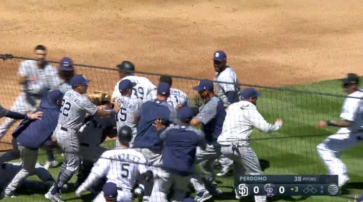 SInow's tweet photo. - Luis Perdomo throws behind Nolan Arenado
- Nolan Arenado charges the mound
- Perdomo throws his glove at  Arenado
- Arenado throws a punch
- Benches clear https://t.co/DhwkxkLBYD