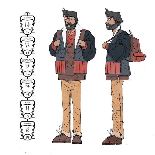 I picked the beard option from the last post. And also here are his stats; I thought it would be fun to come up with stats for a normal man. It was a medium amount of fun. +0 fun. 
#makingcomics #characterdesign #character #illustration #drawingoftheday … ift.tt/2IO38tt