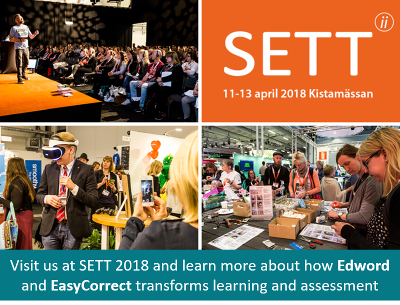 EdwordLearning's tweet photo. If you are at #SETT18 too - swing by our booth where @NHJosiassen and the team will show our e-learning and assessment platforms for written work #EasyCorrect #Edword #edtech https://t.co/zQdMS8yjZk