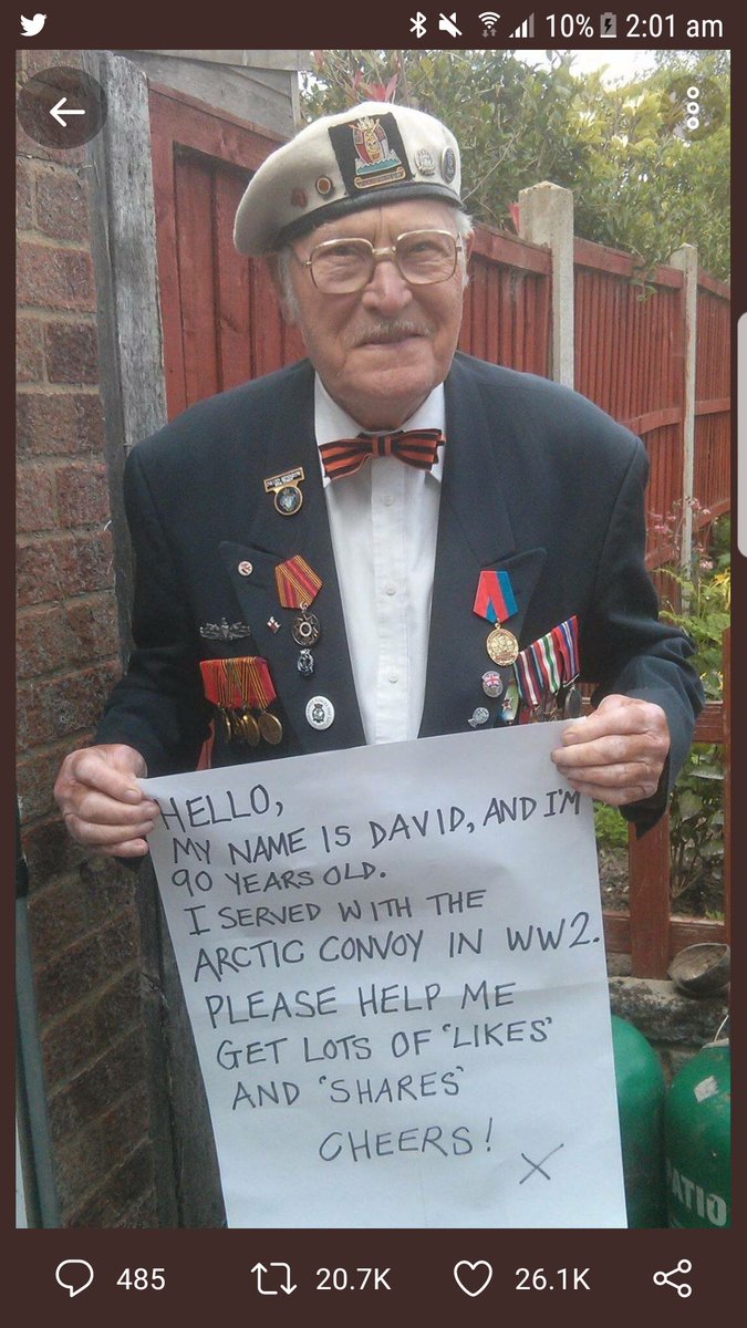 doglab's tweet photo. David Kennedy. He's 90 years old and during the 2nd World War he served in the Arctic Convoy (HMS Domett K473). Churchill described the Convoy as "the worst journey in the world" a statement borne out by the number of sailors who never came back. How many Retweets we get him https://t.co/BN20r8TLFu