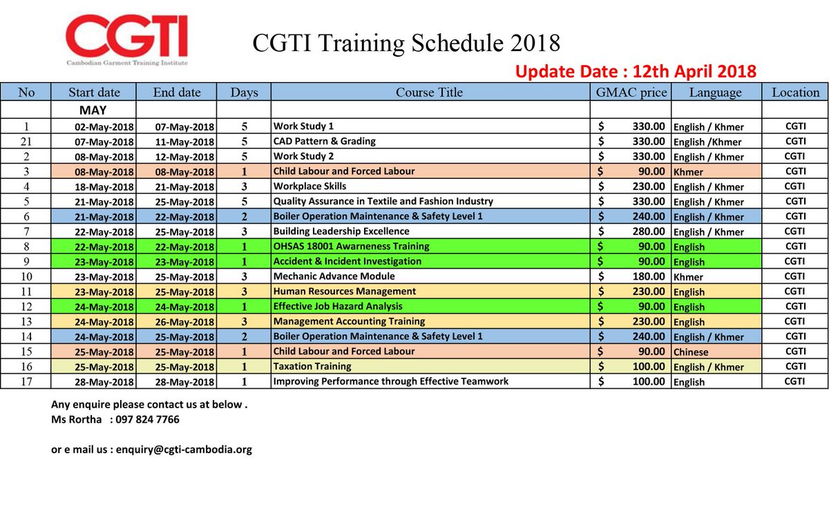 CGTI (@cgticam) on Twitter photo Dear all members
Attached is the updated May 2018 training calendar, please check it out.
Please contact us at enquire@cgti-cambodia.org or call us at++855 23 622 7777
Thank you Dear all members
Attached is the updated May 2018 training calendar, please check it out.
Please contact us at enquire@cgti-cambodia.org or call us at++855 23 622 7777
Thank you