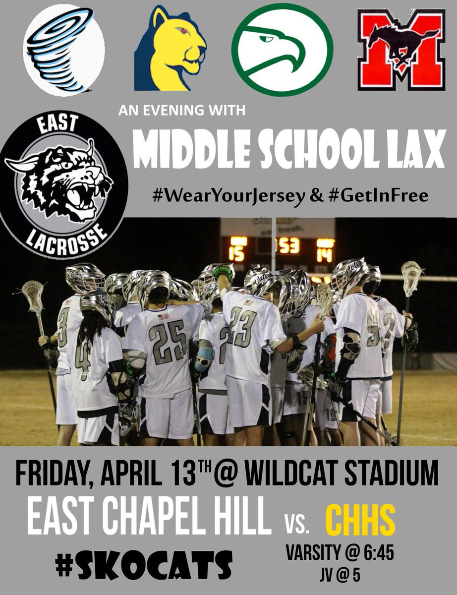 EastLax's tweet photo. Hope to see some @chccs #FutureCats 😺out at our #Big8Battle this Friday!!
Middle Schoolers, #WearYourJersey 🎽and #GetInFree 🆓 - Show up and show out 👀 as @EastLax hosts CHHS (@CHHSathletics1)!! #SkoCats
👉 @PhillipsLax @CMSLacrosse @McDougleMiddle @SMSCyclones https://t.co/fhocEpBiaO