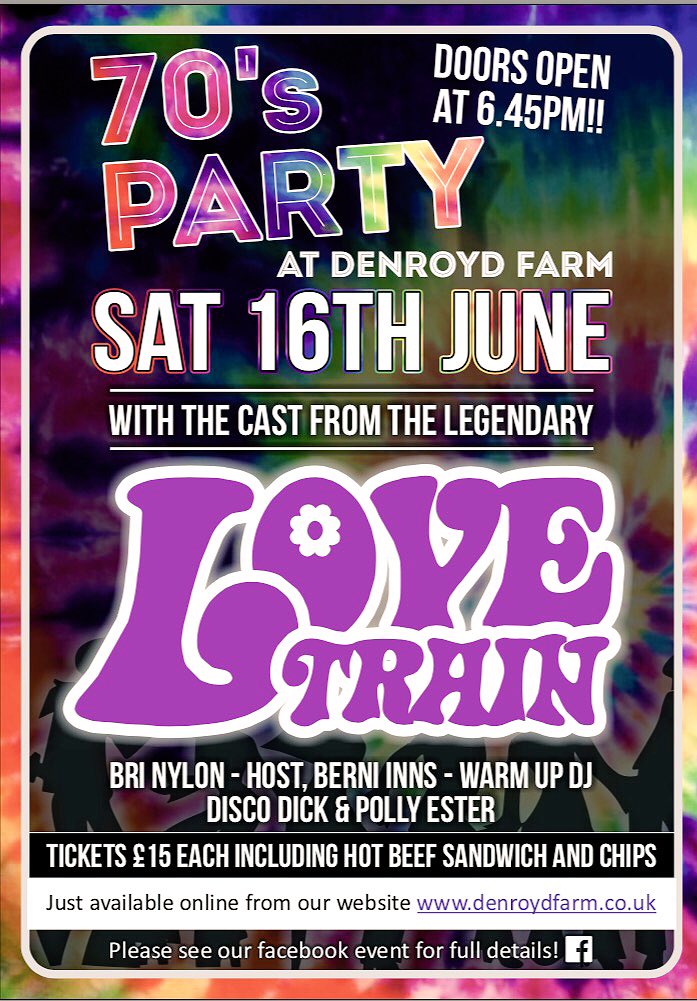 DenroydFarm's tweet photo. @BrutusGold @IamDiscoDick @BerniInns Please RT 😃
⤵️⤵️⤵️
Not long to go now until our amazing 70s Love Train Party
💜🚂 
#holmfirthevents #HD8 #leedsnightlife #HD8 #theplacetoparty #70sdisco #70sparty #lovetrain https://t.co/q8QN9ZCHPN