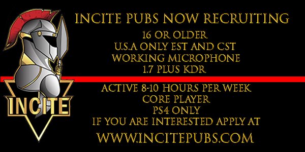 mr_mordechai's tweet photo. Looking for an Active Call of Duty WWII clan? Apply with us @IncitePubs 

All you have to do is meet the requirements below &amp; fill out an app.
If you meet requirements after you fill out app. Leader @II_Mordecai_II will contact you on psn.

@ShawnAbner 
@RBlazick 
@FindMeAClan https://t.co/dB2H2XE7QU