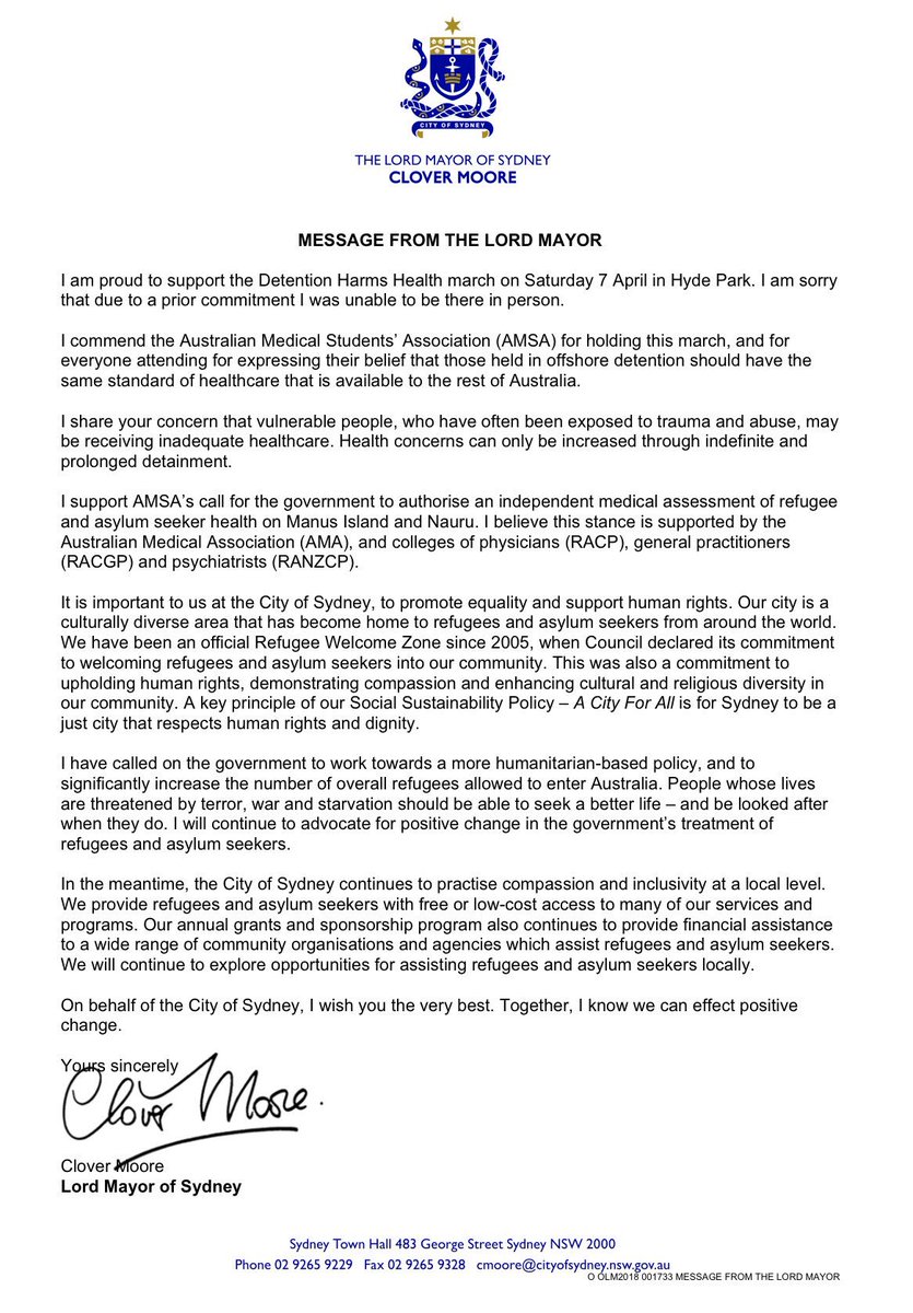 👏 <a href="/CloverMoore/">Clover Moore AO</a> supports our call that #detentionharmshealth #thankyou <a href="/cityofsydney/">City of Sydney</a> <a href="/yourAMSA/">AMSA Australia</a> <a href="/AMA_NSW/">AMA (NSW)</a> <a href="/TheRACP/">The Royal Australasian College of Physicians</a> <a href="/RACGP/">RACGP</a> <a href="/RANZCP/">RANZCP</a> <a href="/natalietran/">natalie tran</a>
