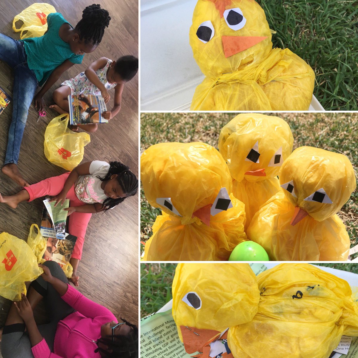 LEAPsk's tweet photo. Inspired by #TheGoodFoodPeople at Ram's, our campers used their creativity in a meaningful way.

Caring for the environment is critical and finding new ways to reuse plastic bags means playing a role in saving our planet.

Our campers transformed the bags into Easter Chicks! 🐣 https://t.co/lhQVppCUWB