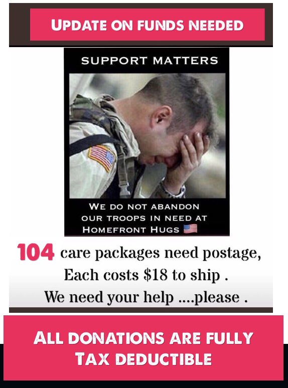 HomefrontHugs's tweet photo. Right now a combat medic overseas, is wondering if we have forgotten her. She is receiving no mail with 7 months to go.
Please help ship care :
https://t.co/hr6GJooWYG
#personalizedcare #carepackages #deploymentsupport #woundedwarriorcare #postageneeds https://t.co/tsO7I78STz